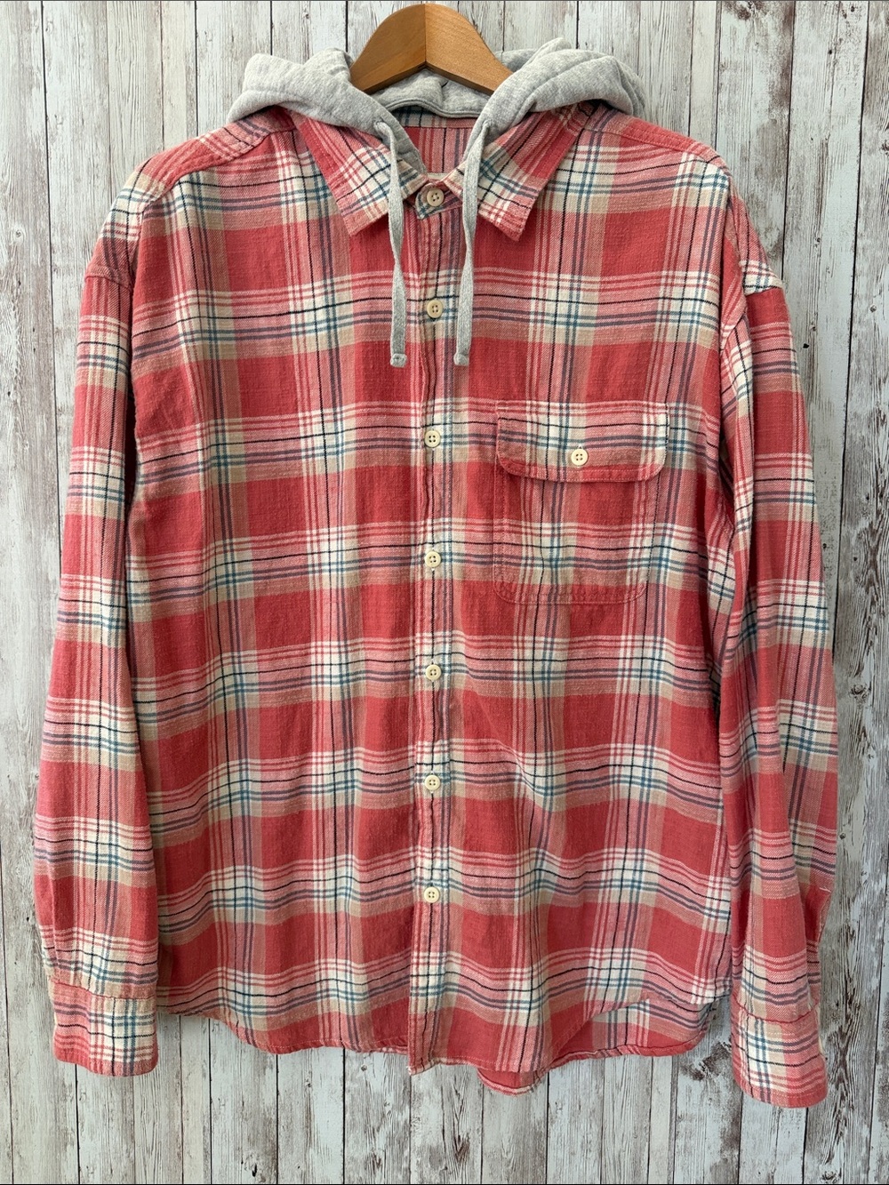 American Eagle Men's Red Plaid Hooded Flannel Shirt sz XL Removable Hood Cotton